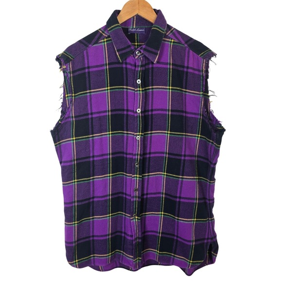 Ralph Lauren Purple Label Tops - Ralph Lauren Purple Label XL Plaid Flannel Sleeveless‎ Shirt Cut Off Italy